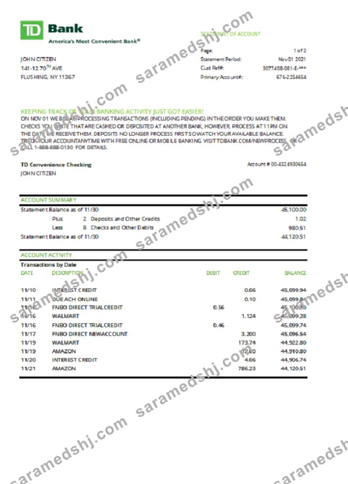 USA TD bank statement template in .xls and .pdf file format